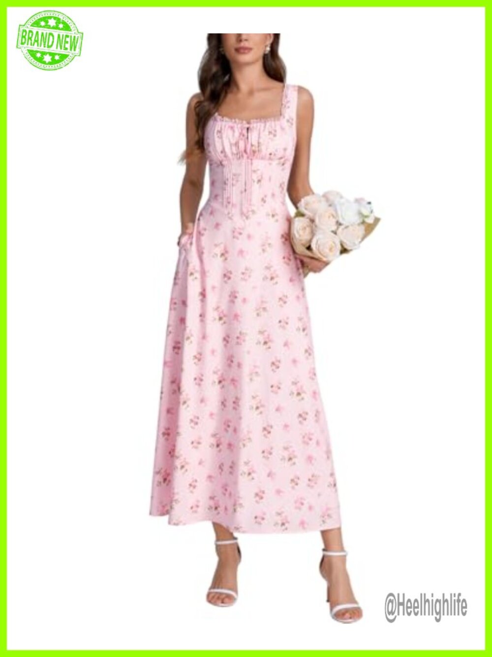 Floral Corset Midi Dress Lace Up A Line Sundress with Pockets